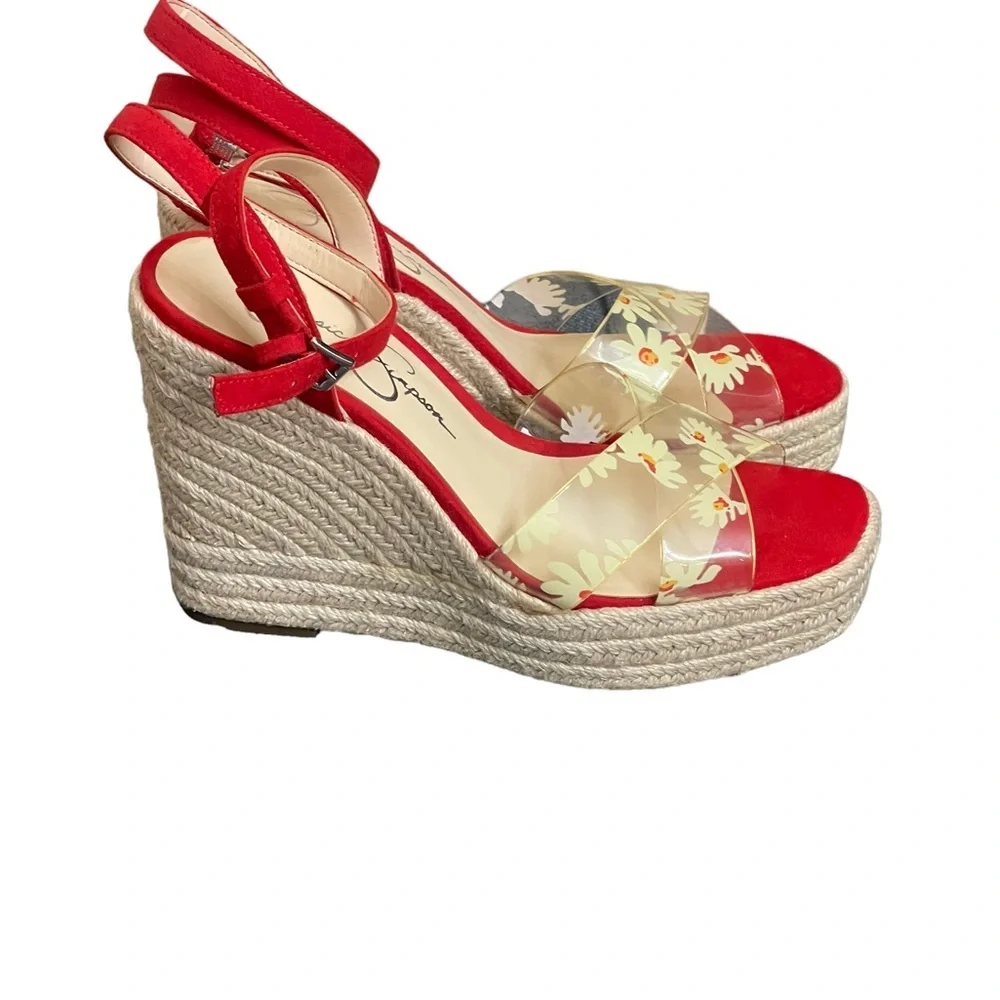 Jessica Simpson Semie Floral Jelly‎ Strap Espadrille Wedge Sandal Womens 7M Red